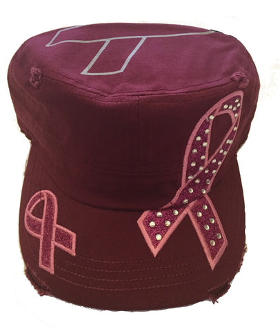 Bling Military Style Pink Ribbon Cap - Burgundy - DISTRESSED