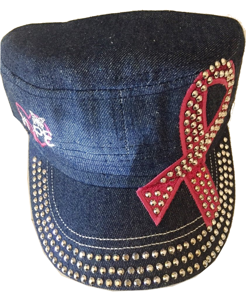 Bling Military Style Cap Blue Denim with Pink Ribbon