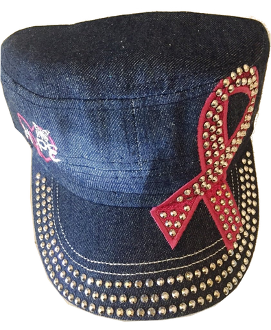 Bling Military Style Cap Blue Denim with Pink Ribbon